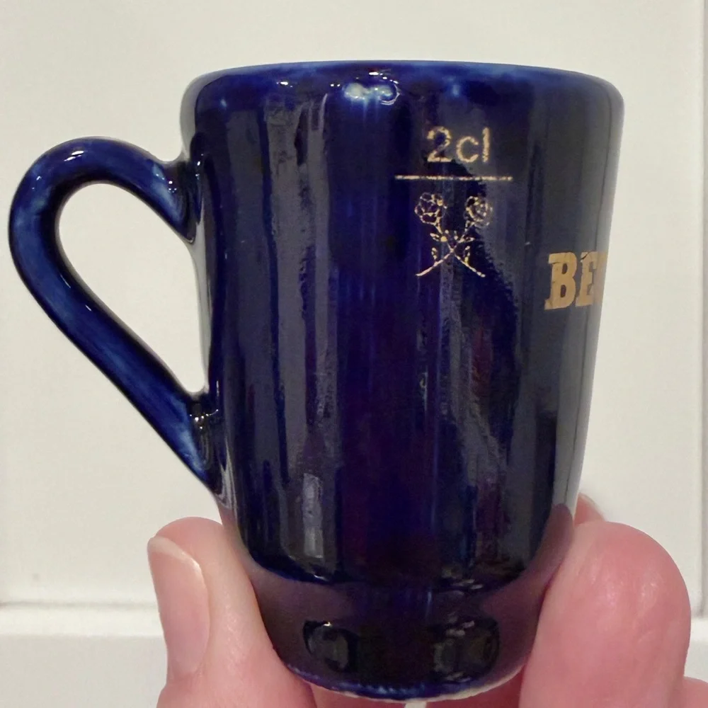 Vintage cobalt blue Karlsbader Becherovka ceramic shot glass with handle
